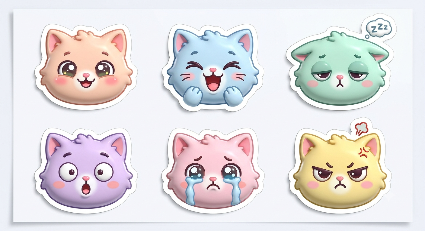 Cute 3D Cartoon Cat Sticker Sheet | 6 Adorable Expressions ⭐