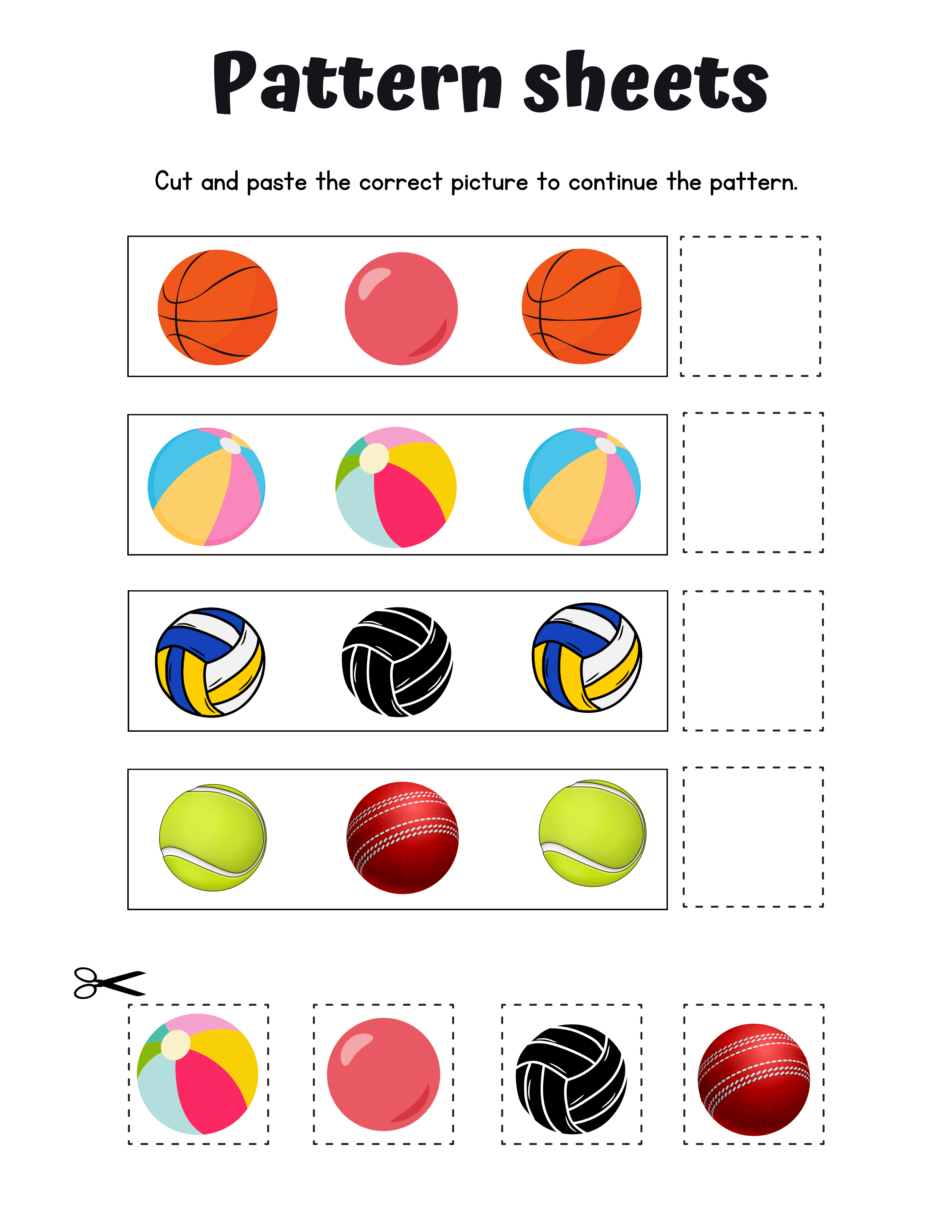 50 Printable Pattern Worksheets for Kids | Preschool & Kindergarten Cut and Paste Activity Book PDF